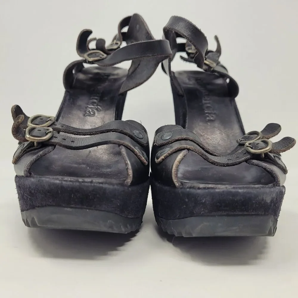 Pedro Garcia Sandals Womens US 8.5 Black Leather Wedge Boho Biker Rocker Buckles